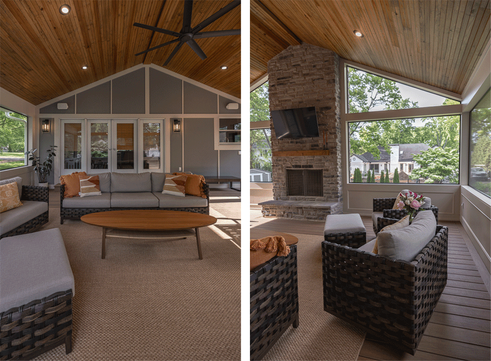 Two views of a stylish screened-in porch in Greater Cincinnati with wood ceiling and stone fireplace