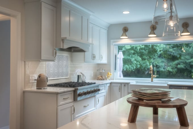 View of island countertop and cabinets in back of Cincinnati kitchen remodel by Legacy Builders