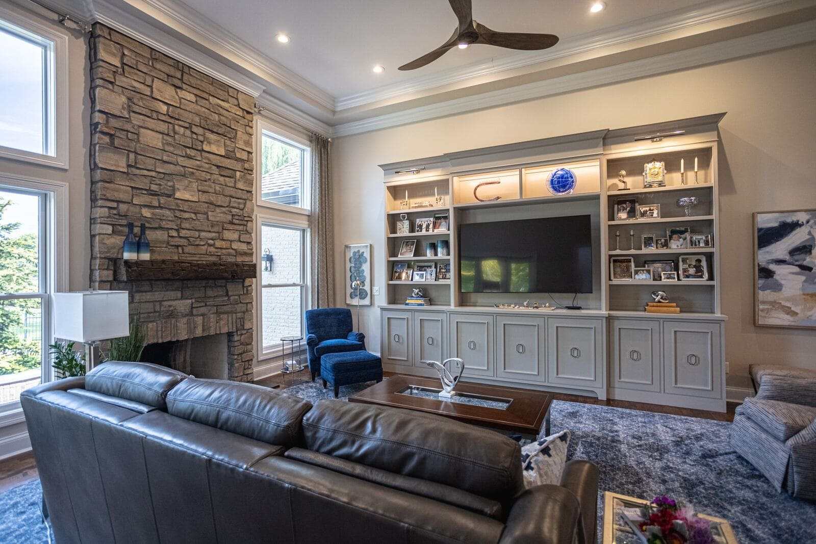 Family room remodel with recessed lighting and entertainment system