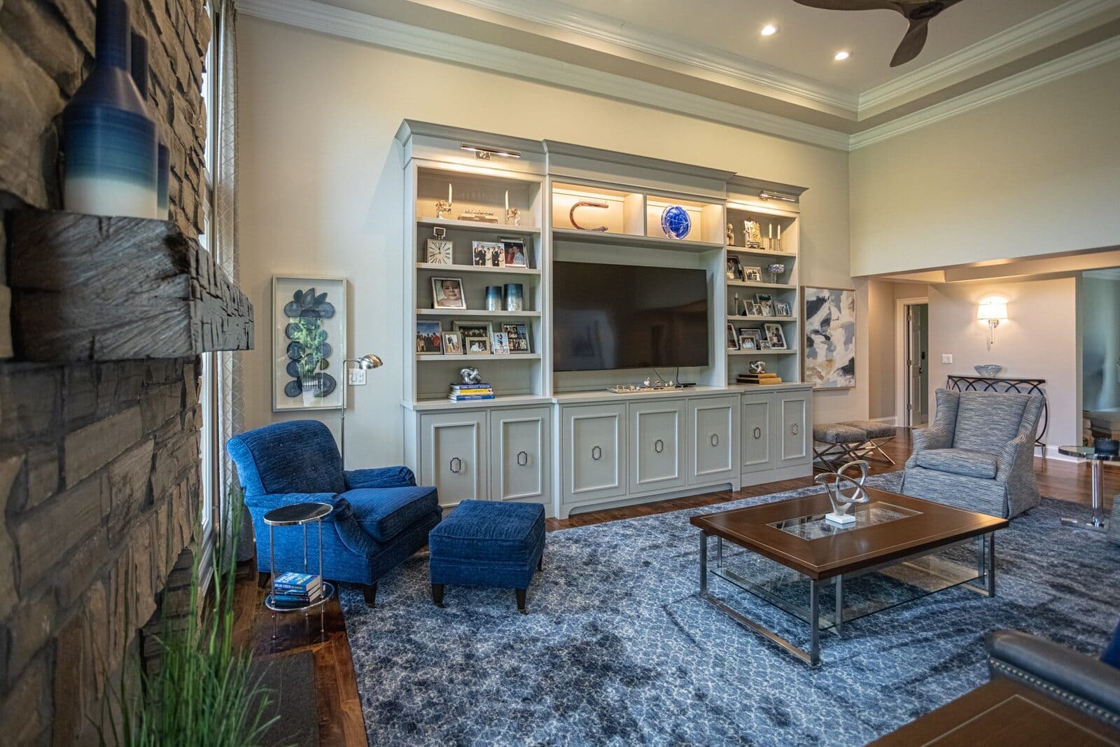 Family great room remodel entertainment system with open shelving