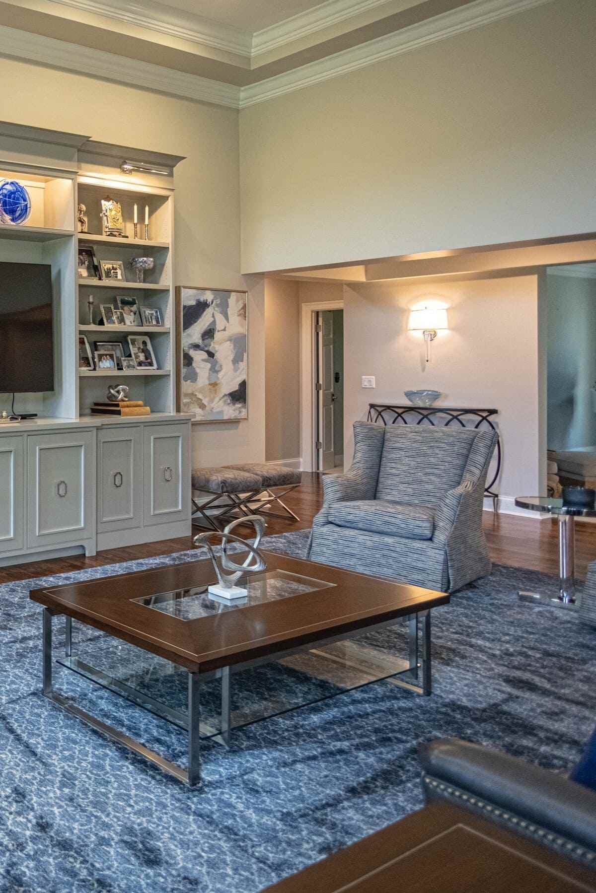 Shot of chair and coffee table in open concept family room