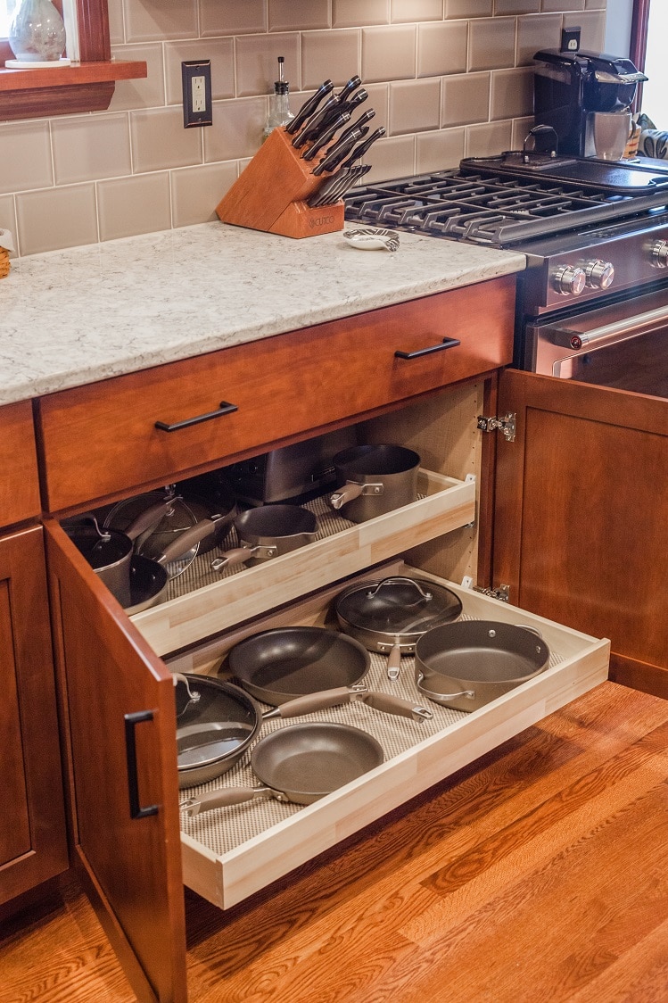 Custom pot and pan storage in Cincinnati kitchen renovation