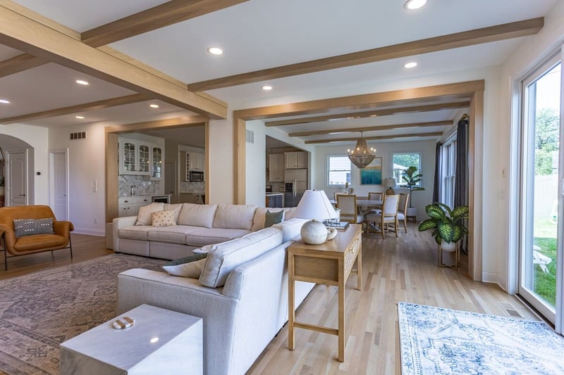 First floor home addition in Hyde Park, Ohio view of living room and dining room in back