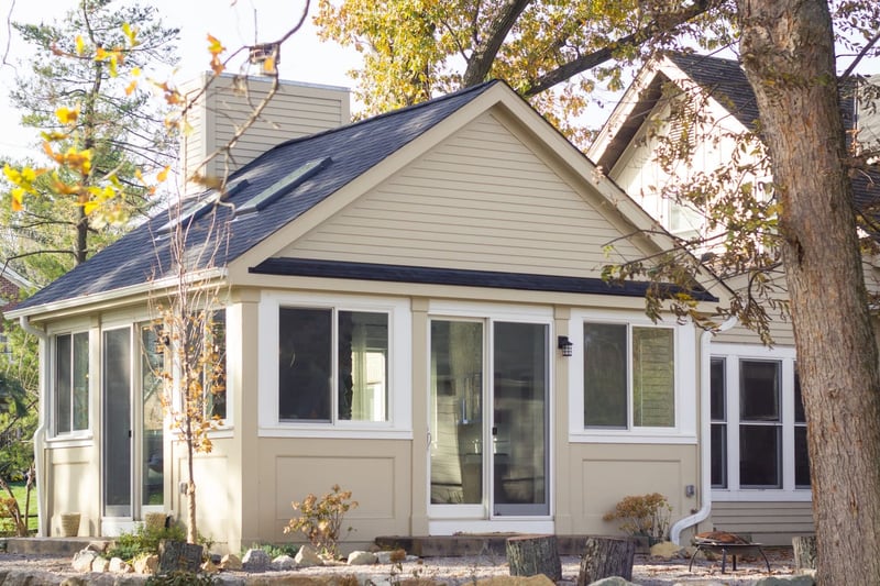 Sunroom addition exterior on Cincinnati, Ohio home with gabled roof