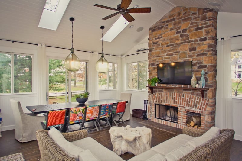 Custom-built home addition interior with skylights in vaulted ceiling