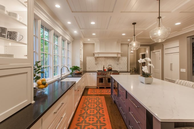 Luxury kitchen remodel with large island and coffered ceiling