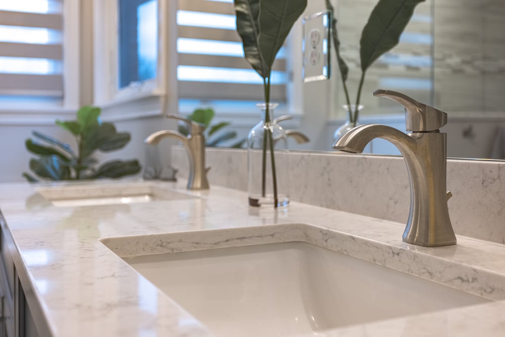 Close up of double undermount sink in Cincinnati bathroom remodel