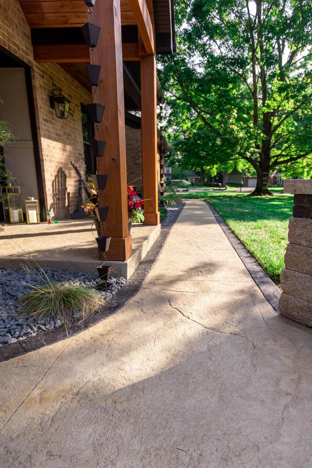 Rain chains and walkway to front porch